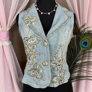 Blue denim vest with butterfly embellishments, beads, and rhinestones